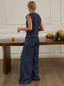 Livesso 女式夏季无袖开襟牛仔背心和牛仔裤两件套休闲装 - 中等水洗藍 - 查看 3