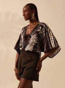 CAJUNI 女士波西米亚风热带花卉和菠萝黑白印花深 V 领系带蝙蝠袖宽松紧身衣，度假休闲海滩紧身衣 - 黑與白 - 查看 7