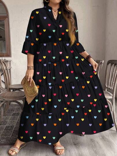 SHEIN LUNE 休闲简约优雅心形图案大码连衣裙，适合度假