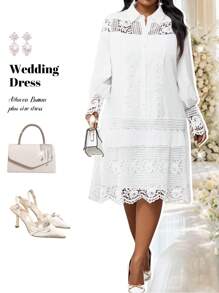 Fleurora 春夏休闲优雅工作白色撞色蕾丝衬衫裙束腰连衣裙中长款女士连衣裙大码连衣裙 - 白色 - 查看 1