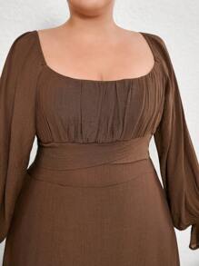 Aveloria Modichic Plus Size Deep Brown Mulberry Silk Bamboo Texture Round Neck Cinched Waist Ruffle Cuff Long Sleeve Dress - Coffee Brown - View 4