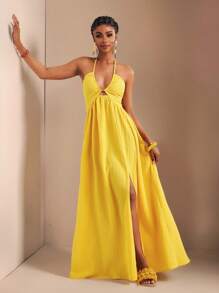 Zivah 新款春夏休闲假日露背露肩胸围、腰围和后背摆裙，前部高开叉至大腿，黄色海条纹女式超长连衣裙-B - 黃色 - 查看 3