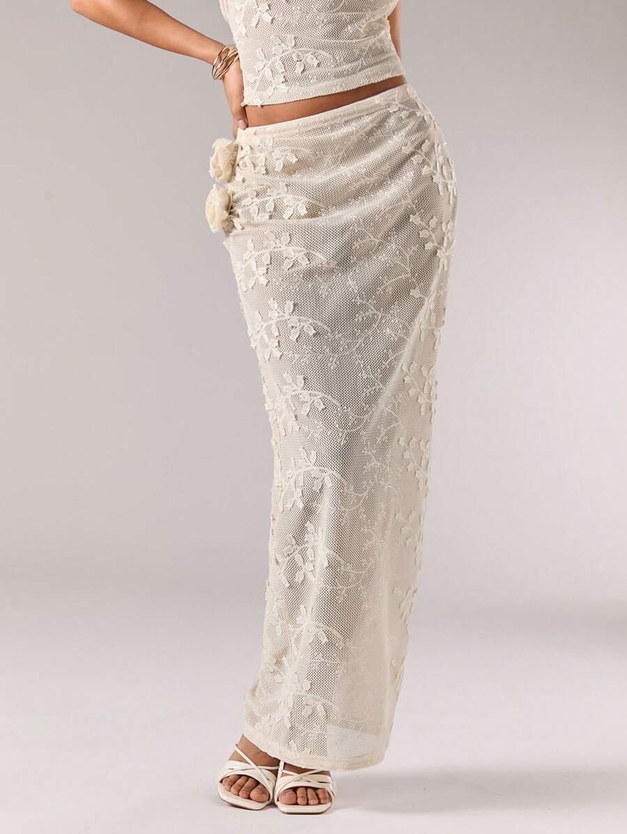 SHEIN BAE Women Floral Jacquard Side Slit Hem Elegant Skirt - White - View 1