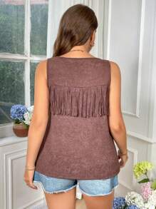 SHEIN LUNE 大码音乐节流苏和铆钉装饰背心 老钱风格女士早午餐女士机场女牛仔女士夏季毕业春季女士夏季毕业复活节女士春季夏季假期 - 卡其色 - 查看 5