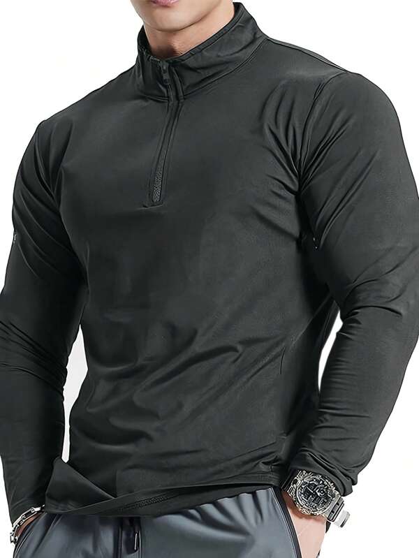 Manfinity Dauomo Camiseta de manga larga con cuello de pico y media cremallera casual de uso diario para hombres, otoño