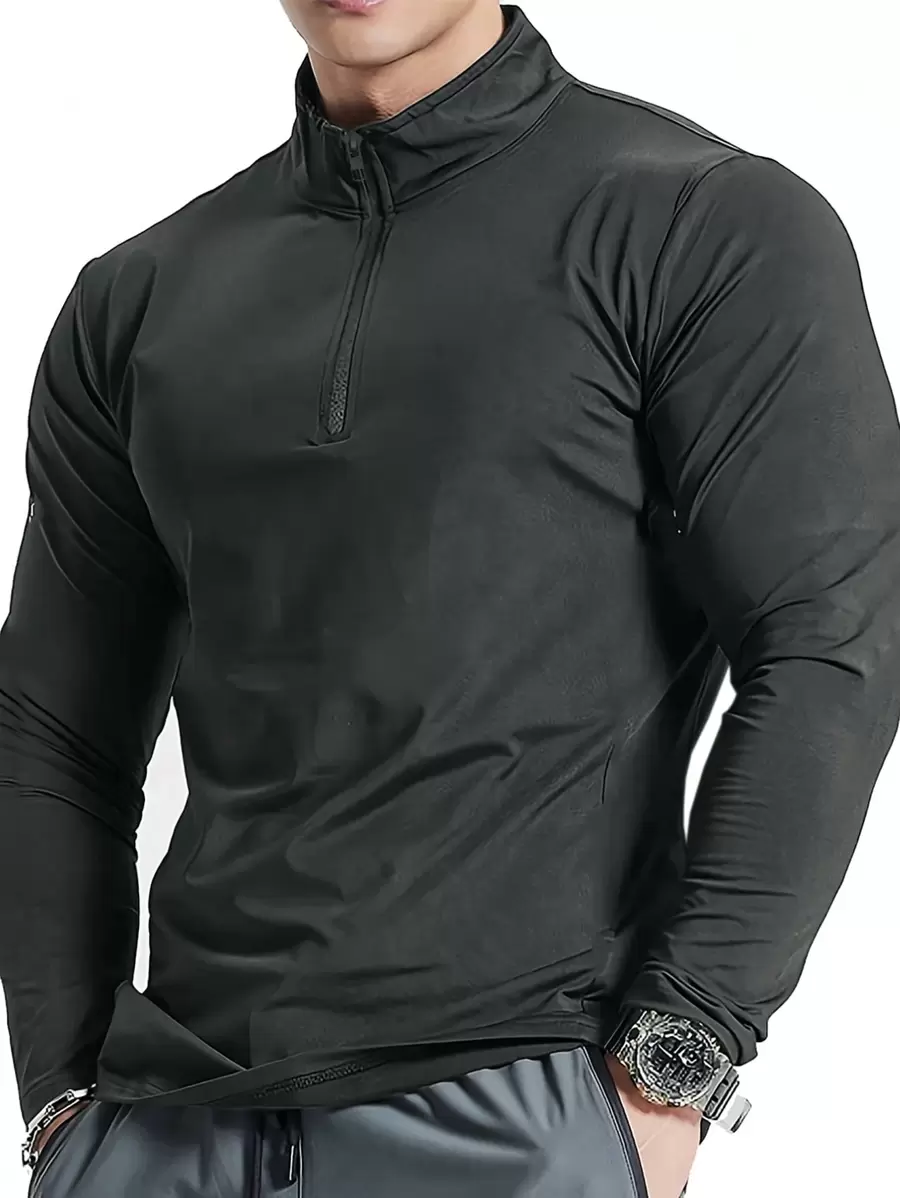 Manfinity Dauomo 男士休闲日常半拉链立领长袖 T 恤，秋季 - 灰色 - 查看 1