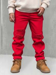 Young Boy Ripped Hems Casual Versatile Denim Jeans - Red - View 3