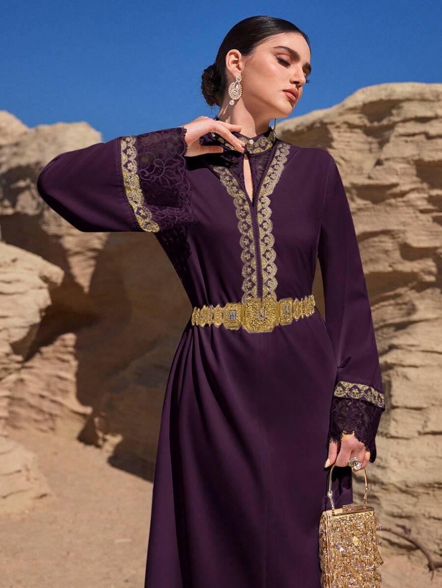 Al Najma 女士阿拉伯风格简约连衣裙，适合夏季 - 紫色 - 查看 1