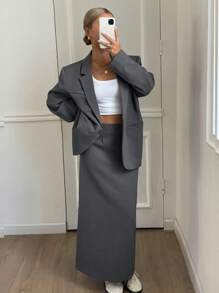 DAZY 女士西装外套和及膝裙套装，长袖，休闲百搭，适合所有季节商务休闲，女士两件套，秋装 - 灰色 - 查看 2