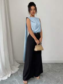 Elenzga Blusa de satén elegante y fluida con nudo, adecuada para vacaciones y uso durante el Ramadán