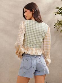 WESTFADE Spring Colorblock Gingham Checkered Plaid V Neck Button Front Long Sleeve Ruffle Peplum Western Cowgirl Top Summer Casual Beach Vacation