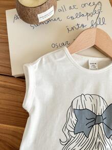 SHEIN LMoss Kids Babygirl Cute Graphic Short Sleeve T-Shirt With Elastic Waist Blue Pants Set, Summer Casual - Blue - View 5