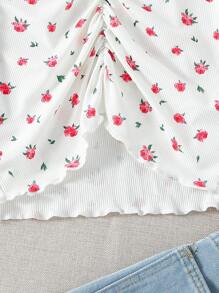T-shirt slim à manches courtes avec fleurs éparpillées et froncis, pour ados filles - Blanc - Voir 5