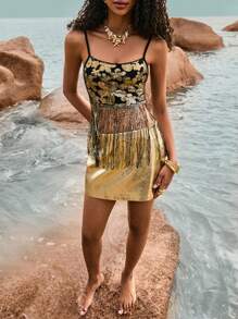 Poéselle 女士时尚亮片流苏下摆吊带背心，夏季