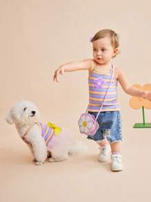 SHEIN 2pcs/Set Baby Girls Peter Pan Collar Rainbow Ribbed Tee + Elastic Waist Denim Ripped Shorts Set, Adorable Casual Outfit For Summer - Multicolor - View 7