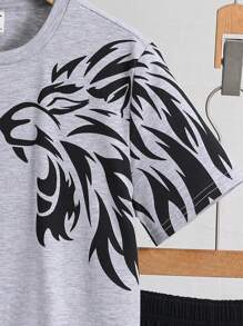 SHEIN Tween Boy Loose Casual Lion Graphic T-Shirt & Shorts 2 Pieces Knit Loungewear Set, Summer - Grey - View 5