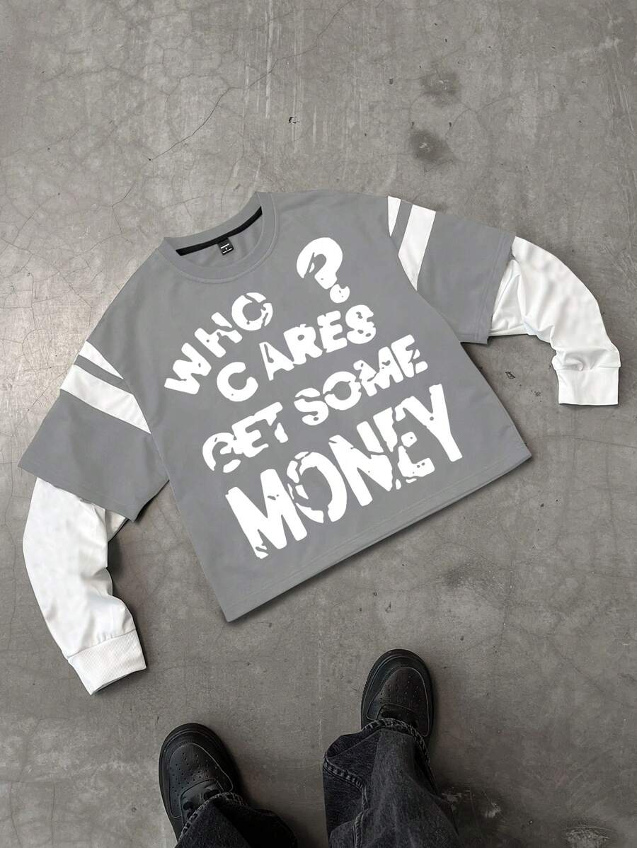 Manfinity Roghcode Men's Slogan Print Round Neck Pullover Sweatshirt With Mock Layered Look, Long Sleeve - Light Grey - View 1