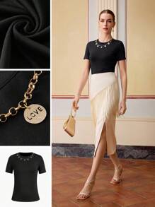 ZEYLAH 流苏饰边大腿开衩裙 - 杏色 - 查看 8