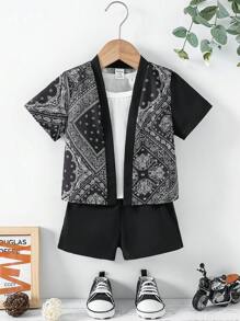 2pcs/Set Toddler Boys Summer Casual Cashew Print Short Sleeve Top And Matching Shorts, Suitable For Cool Kids Daily Wear