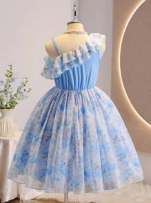 SHEIN Tween Girls' Elegant Rose Floral Print Sleeveless High Waist Ruffled Chiffon Mini Dress, Blue, Suitable For Flower Girl Wedding - Blue - View 2