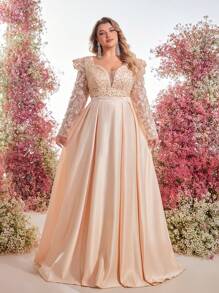 Glamrae Plus Size Luxury Lotus Pink Pearl & Rhinestone Embroidered Satin Patchwork Elegant Evening Gown - Apricot - View 3