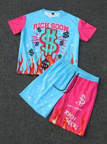 Manfinity EMRG Men Solid Patch Round Neck Short Sleeve Print Casual Top & Shorts 2 Pieces Set