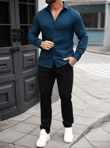 Manfinity Homme Áo sơ mi nam dài tay màu trơn thường ngày/công sở Quần áo dành cho nam Áo sơ mi nam Áo sơ mi nam thường ngày - Màu xanh lam - Xem 6