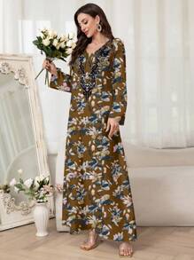 Al Najma 女士阿拉伯风格简约休闲连衣裙，适合夏季，端庄 - 棕色 - 查看 6