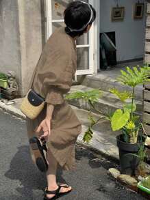 FRIFUL Women's Loose Fit Long Sleeve Flared Cuff Sheer Oversize Shirt Jacket, Dark Green, Spring/Summer,Ruffle - Dark Green - View 3