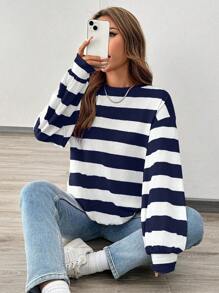 EMERY ROSE 女式经典撞色条纹圆领运动衫上衣，秋季新品 - 藏蓝色 - 查看 3