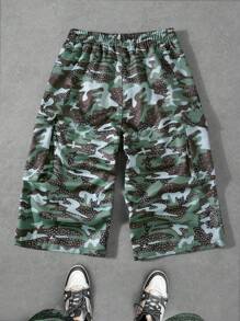 PAVTROS Manfinity Streetrush Men's Drawstring Waist Side Pocket Camo Print Loose Cargo Capri Pants