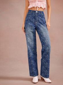 WESTFADE 色调春季花卉中腰直腿西部牛仔裤夏季度假早午餐 - 中等水洗藍 - 查看 1