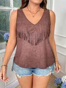 SHEIN LUNE 大码音乐节流苏和铆钉装饰背心 老钱风格女士早午餐女士机场女牛仔女士夏季毕业春季女士夏季毕业复活节女士春季夏季假期 - 卡其色 - 查看 7