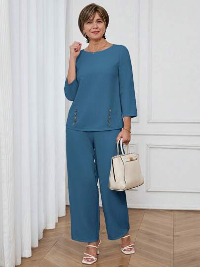 Miaspire Set de 2 piezas Blusa de manga larga y cuello redondo + Pantalón de unicolor, moda minimalista adecuada para el verano