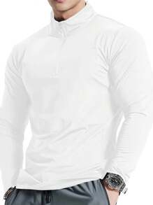 Manfinity Dauomo Camiseta de manga larga casual con cuello alto y cremallera delantera para hombres, lisa
