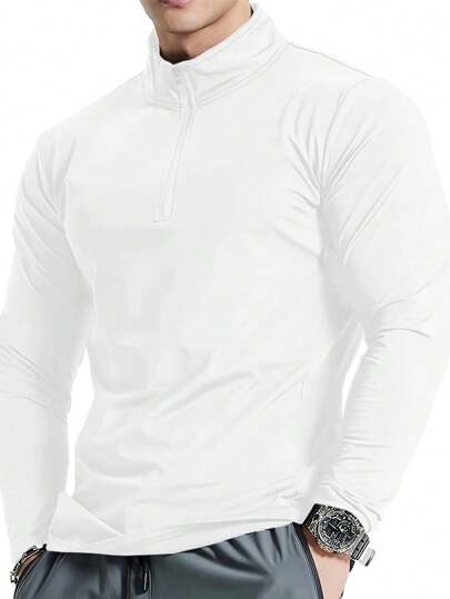 Manfinity Dauomo Herren Einfarbiges Langarm Stehkragen Lässig T-Shirt mit Reißverschluss, Herbst