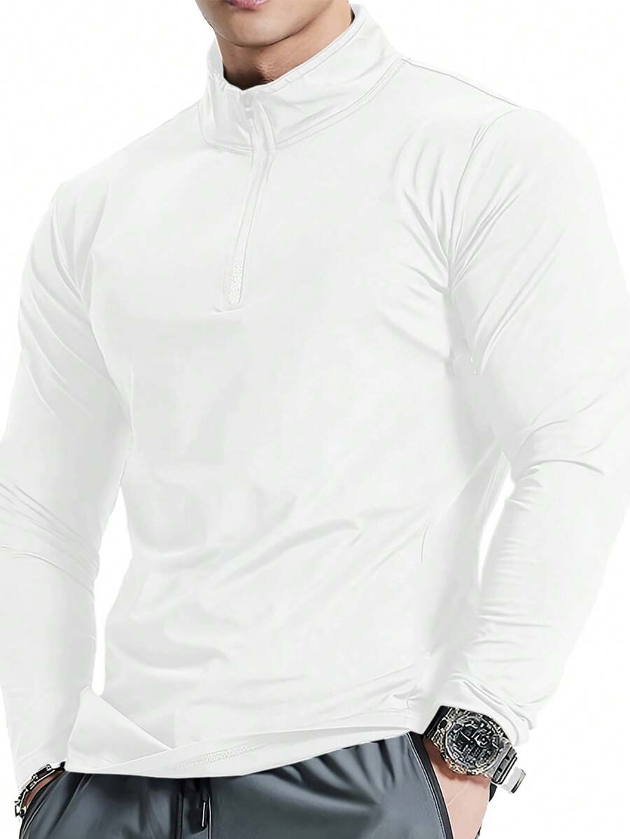 Manfinity Dauomo Camiseta de manga larga casual con cuello alto y cremallera delantera para hombres, lisa
