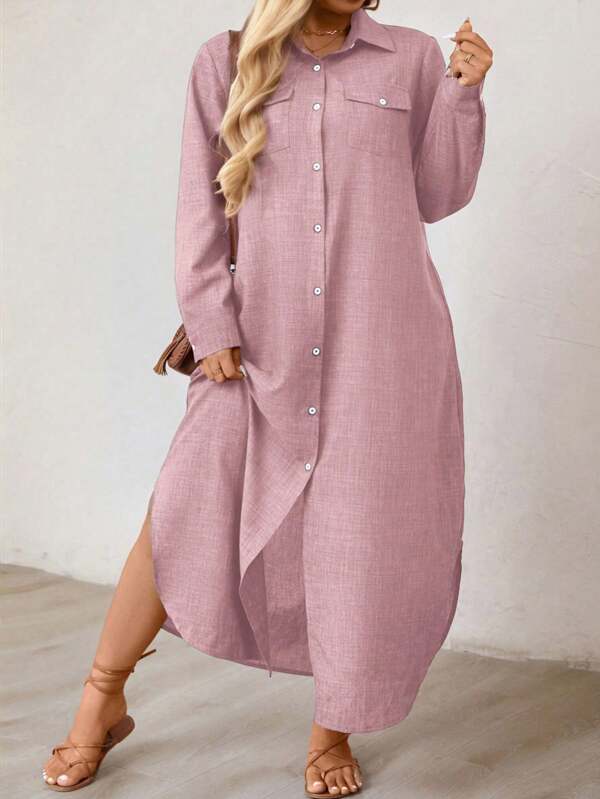 EMERY ROSE Plus Size Solid Color Front-Breasted Loose Casual Dress Maxi Women Outfit