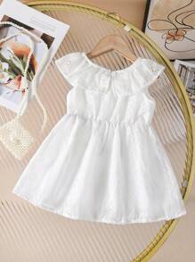 Baby Girl 2-5Yrs Summer New Jacquard Floral Cutout Sleeveless Ruffle Hem Casual Dress - White - View 2