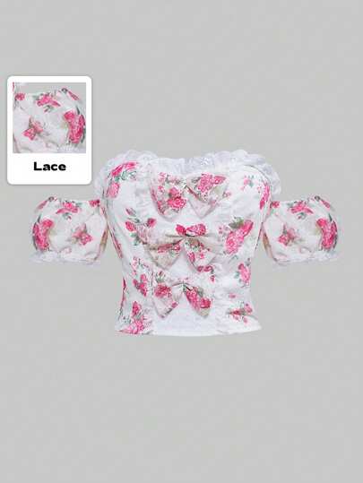 Fairycore Blouse imprimée fleurs et dentelle avec décoration nœud