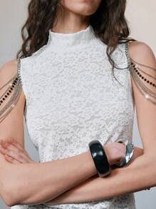 SHEIN LUNE 女士百搭修身银色锁子甲露背上衣，高领弹力白色蕾丝背心，春夏