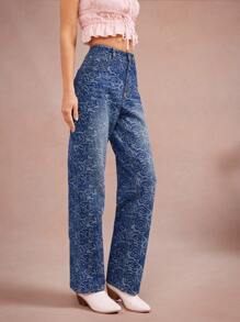 WESTFADE 色调春季花卉中腰直腿西部牛仔裤夏季度假早午餐 - 中等水洗藍 - 查看 3