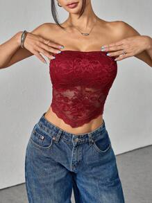 SHEIN PETITE 女士花卉蕾丝不对称下摆抹胸，时尚 - 酒紅色 - 查看 7
