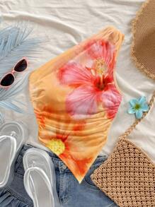 SHEIN WYWH Women's Vacation-Style Hibiscus Tie-Dye Shoulder-Cut Asymmetrical Hem Top, Suitable For Spring/Summer Vacation - Multicolor - View 4