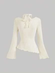 SHEIN MOD 蕾丝拼布不对称下摆可折叠领口蕾丝花边系带修身女式 T 恤，T 恤 - 杏色 - 查看 2