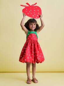 THE HAPPY LOOK Young Girls Green Strap Red Strawberry Print Floral Hem Dress, Cute Party Style