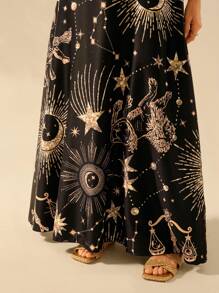 CAJUNI Váy dây mảnh in họa tiết ngôi sao mặt trăng nhiệt đới Boho cổ điển cho nữ, phong cách kỳ nghỉ - Nhiều màu - Xem 6