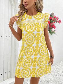 Vivid Eden Women's Round Neck Ruffle Trim Patchwork A-Line Casual Vacation Dress - Yellow - View 3