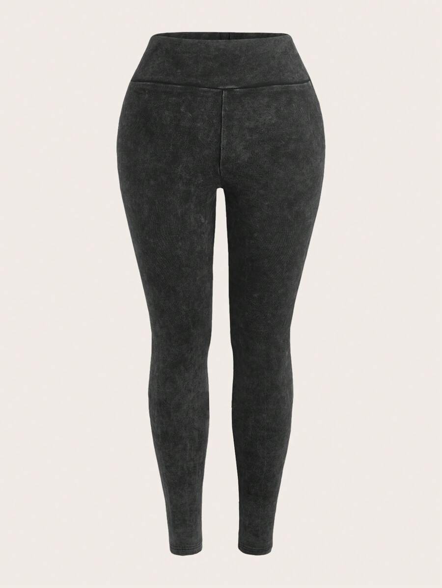 SHEIN EZwear Plus Size High Waisted Acid-Washed Casual Leggings, Spring/Summer - Black - View 1