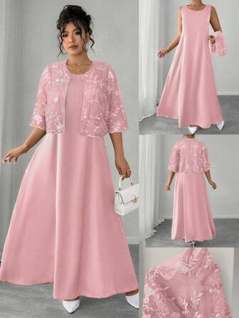 Elenzga Plus Size Crew Neck Sleeveless Satin Woven Straight A-Line Maxi Dress + 3/4 Sleeve Textured Embroidered Mesh Asymmetrical Hem Collarless Casual Vacation Jacket 2 Pieces Set